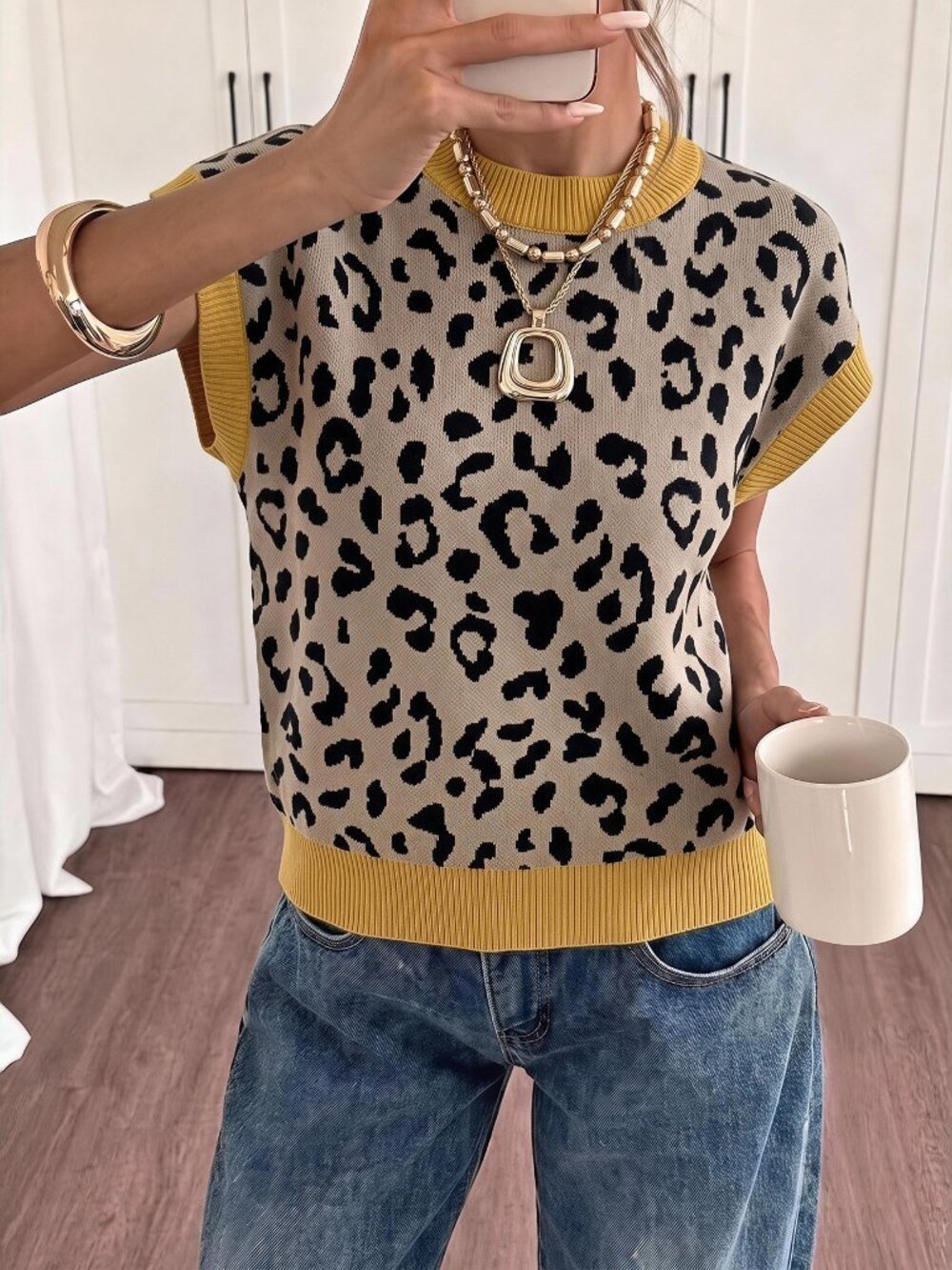 Multicolor Casual Women's Leopard Print Patchwork Knit Top